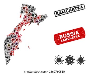 Coronavirus mosaic Kamchatka map and grunge stamp seals. Kamchatka map collage constructed with randomized red and black sars elements. Rectangle seals, with grunge texture.