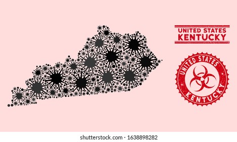 Coronavirus mosaic Kentucky State map and red corroded stamp seals with biohazard sign. Kentucky State map collage designed with random mers-cov symbols. Red round outbreak danger stamp,