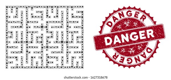 Coronavirus mosaic labyrinth icon and rounded rubber stamp seal with Danger phrase. Mosaic vector is created with labyrinth icon and with randomized viral elements.