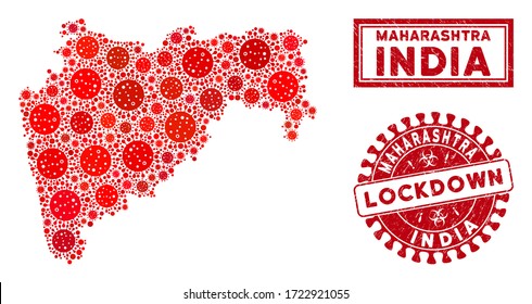 Coronavirus mosaic Maharashtra State map and seal stamps. Red round lockdown scratched seal. Vector coronavirus viral items are composed into illustration Maharashtra State map.