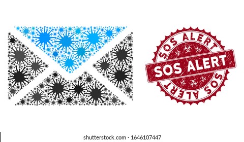 Coronavirus-Mosaik-Mail-Symbol und abgerundete Stempelsiegel mit Sos Alert-Satz. Mosaike Vektorillustration wird mit E-Mail-Symbol und mit zufälligen Mikroorganismen gebildet.