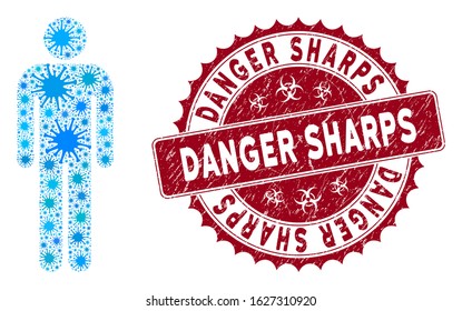 Coronavirus mosaic man user icon and rounded corroded stamp seal with Danger Sharps phrase. Mosaic vector is formed with man user icon and with random microbe symbols.