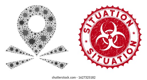 Coronavirus mosaic marker position icon and rounded distressed stamp seal with Situation phrase. Mosaic vector is composed with marker position icon and with scattered microorganism symbols.