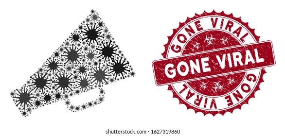 Coronavirus mosaic megaphone icon and round grunge stamp seal with Gone Viral caption. Mosaic vector is formed with megaphone icon and with random microbe objects.