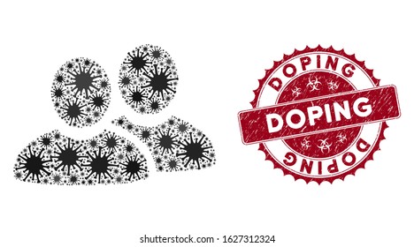 Coronavirus mosaic men icon and rounded distressed stamp seal with Doping caption. Mosaic vector is created with men icon and with scattered bacterium objects. Doping stamp seal uses biohazard style,