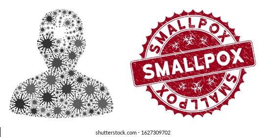 Coronavirus mosaic mental bug icon and round distressed stamp seal with Smallpox caption. Mosaic vector is created with mental bug icon and with scattered contagion elements.