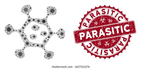Coronavirus mosaic microbe cell icon and round distressed stamp watermark with Parasitic caption. Mosaic vector is created with microbe cell icon and with scattered flu elements.