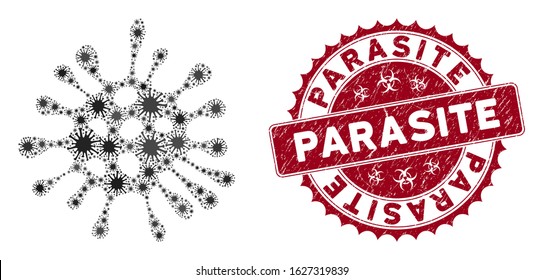 Coronavirus mosaic microbe icon and rounded distressed stamp watermark with Parasite phrase. Mosaic vector is composed with microbe icon and with random mers-cov objects.
