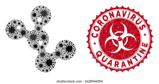 Coronavirus mosaic microbes icon and rounded corroded stamp seal with Coronavirus Quarantine caption. Mosaic vector is created with microbes icon and with scattered microbe cell elements.