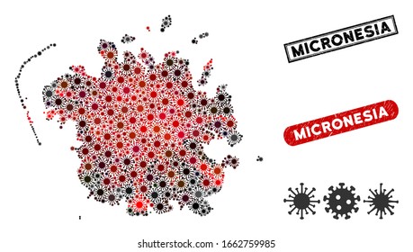 Mapa de la isla de Micronesia con mosaicos de Coronavirus y sellos con sello grunge. Collage de mapas de islas Micronesia construido con elementos de pandemia rojos y negros dispersos. Sellos rectangulares, con textura gruesa.