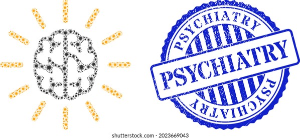 Coronavirus Mosaik Geist Symbol, und Grunge PSYCHIATRY Siegel Stempel. Achten Sie auf helles Mosaik für pandemische Bilder und schmutzige runde blaue Briefmarken. Vektorgrafik besteht aus zufälligen Coronavirus-Symbolen.