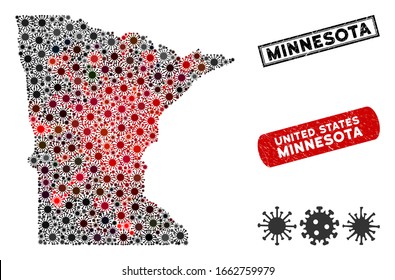 Coronavirus mosaic Minnesota State map and grunge stamp seals. Minnesota State map collage constructed with scattered red and black mers-cov symbols. Rectangle seals, with dirty texture.