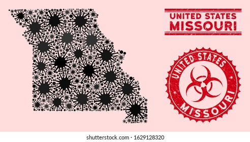 Coronavirus mosaic Missouri State map and red grunge stamp watermarks with biohazard symbol. Missouri State map collage created with scattered bacillus items. Red rounded outbreak danger stamp,