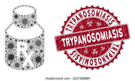 Coronavirus mosaic mixture bottle icon and round distressed stamp watermark with Trypanosomiasis text. Mosaic vector is composed with mixture bottle icon and with scattered infectious symbols.