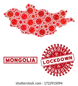 Coronavirus mosaic Mongolia map and seal stamps. Red round lockdown distress seal. Vector coronavirus viral items are organized into composition Mongolia map. Vector composition for isolation,