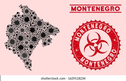 Coronavirus mosaic Montenegro map and red distressed stamp seals with biohazard symbol. Montenegro map collage formed with random pathogen elements. Red rounded outbreak danger stamp,