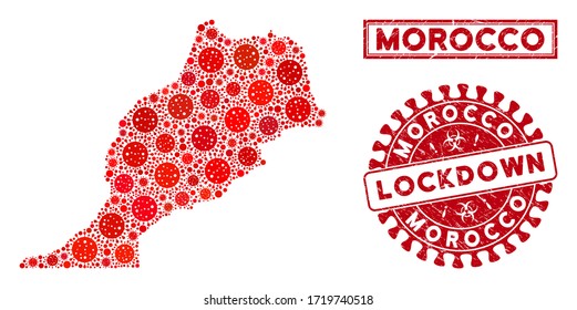 Mapa y sellos de Marruecos en mosaico de Coronavirus. Sello texturizado con cierre rojo redondeado. Las partes de la infección de los vectores se componen en un mapa de Marruecos en mosaico. Colección de vectores para medicina,