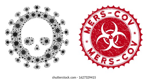 Coronavirus mosaic mortal virus icon and rounded distressed stamp seal with Mers-Cov caption. Mosaic vector is designed with mortal virus icon and with randomized contagious elements.