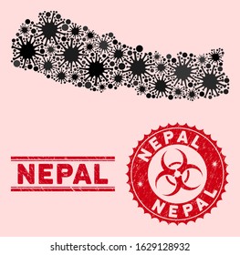 Coronavirus mosaic Nepal map and red corroded stamp seals with biohazard sign. Nepal map collage designed with scattered sars elements. Red rounded outbreak danger stamp, with unclean texture.
