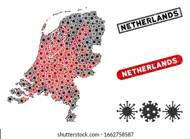 Coronavirus Mosaik Niederlande Karte und Not leidende Stempelrobben. Niederländische Kartencollage mit zufälligen roten und schwarzen Grippesymbolen. Verdichtungen im Rechteck mit unscharfer Textur.