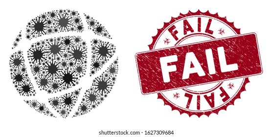 Coronavirus mosaic network icon and rounded distressed stamp seal with Fail caption. Mosaic vector is designed with network icon and with random viral items. Fail stamp seal uses biohazard style,