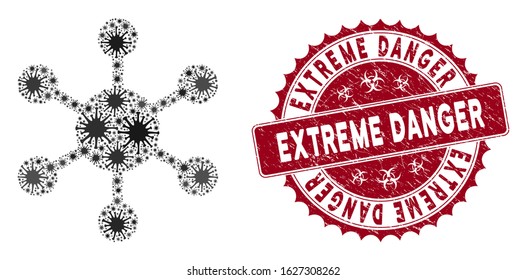 Coronavirus mosaic network node icon and rounded distressed stamp seal with Extreme Danger phrase. Mosaic vector is formed with network node icon and with scattered mers items.