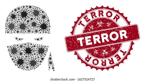 Coronavirus mosaic ninja head icon and round grunge stamp seal with Terror caption. Mosaic vector is composed with ninja head icon and with scattered microbe cell items.