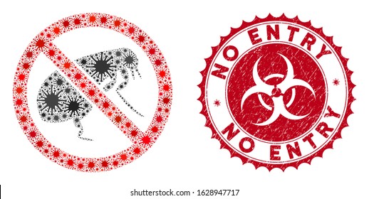 Coronavirus mosaic no flea icon and round rubber stamp seal with No Entry caption. Mosaic vector is designed with no flea pictogram and with scattered bacterium objects.