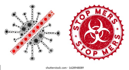 Coronavirus mosaic no coronavirus icon and rounded corroded stamp seal with Stop Mers phrase. Mosaic vector is formed with no coronavirus icon and with scattered microbe cell items.