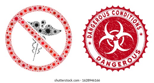 Coronavirus Mosaic No Medical Caduceus Icon And Rounded Corroded Stamp Seal With Dangerous Conditions Text.