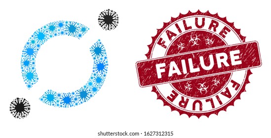 Coronavirus mosaic node link icon and rounded grunge stamp watermark with Failure text. Mosaic vector is designed with node link icon and with randomized flu items. Failure stamp uses biohazard style,