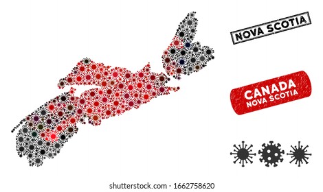 Coronavirus mosaic Nova Scotia Province map and grunge stamp seals. Nova Scotia Province map collage created with scattered red and black pandemic items. Rectangle seals, with dirty texture.