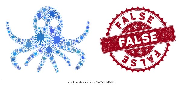Coronavirus mosaic octopus icon and rounded rubber stamp seal with False phrase. Mosaic vector is designed with octopus icon and with random microorganism items. False stamp seal uses biohazard style,