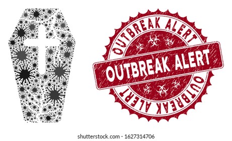 Coronavirus mosaic old coffin icon and round distressed stamp seal with Outbreak Alert text. Mosaic vector is designed with old coffin pictogram and with scattered microbe cell symbols.