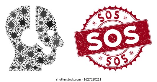 Coronavirus mosaic operator icon and rounded distressed stamp seal with Sos text. Mosaic vector is composed from operator icon and with randomized contagious elements.