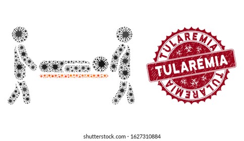 Coronavirus Mosaic Patient Stretcher Icon And Round Grunge Stamp Seal With Tularemia Phrase. Mosaic Vector Is Created With Patient Stretcher Icon And With Random Flu Icons.