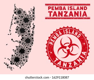 Coronavirus mosaic Pemba island map and red distressed stamp seals with biohazard symbol. Pemba island map collage composed with random bacterium elements. Red rounded outbreak danger seal stamp,