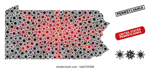 Coronavirus mosaic Pennsylvania State map and grunge stamp watermarks. Pennsylvania State map collage designed with random red and black contagious icons. Rectangle watermarks, with grunge texture.