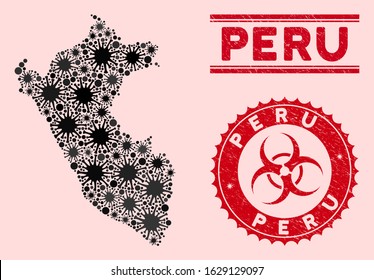 Coronavirus mosaic Peru map and red grunge stamp watermarks with biohazard sign. Peru map collage composed with scattered pathogen elements. Red rounded outbreak danger seal stamp, with dirty texture.