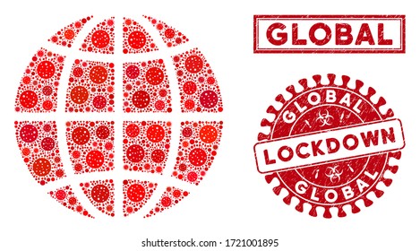 Coronavirus mosaic planet globe and seals. Red round lockdown scratched watermark. Vector coronavirus viral items are united into collage planet globe. Vector combination for lockdown,