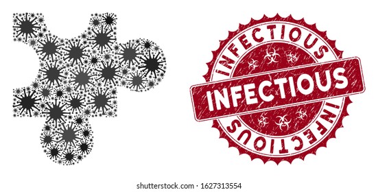 Coronavirus mosaic plugin icon and round grunge stamp seal with Infectious caption. Mosaic vector is created from plugin icon and with scattered epidemic objects.