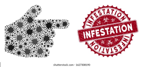 Coronavirus mosaic pointer finger icon and round corroded stamp watermark with Infestation text. Mosaic vector is designed with pointer finger icon and with scattered microbe elements.