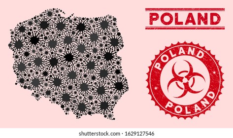 Coronavirus mosaic Poland map and red grunge stamp seals with biohazard sign. Poland map collage designed with scattered infection symbols. Red rounded outbreak danger seal stamp, with grunge texture.