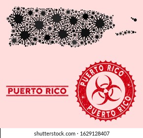 Coronavirus mosaic Puerto Rico map and red rubber stamp watermarks with biohazard sign. Puerto Rico map collage formed with randomized pathogen elements. Red round outbreak danger seal stamp,