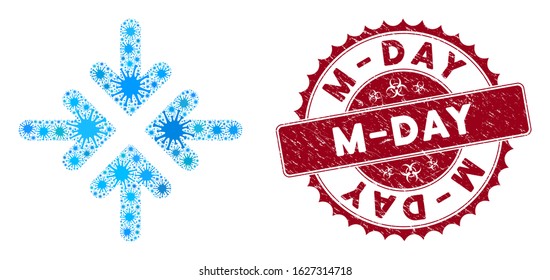Coronavirus mosaic quadro collide arrows icon and rounded corroded stamp seal with M-Day caption. Mosaic vector is created with quadro collide arrows icon and with randomized flu symbols.