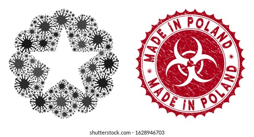 Coronavirus mosaic quality icon and rounded distressed stamp seal with Made in Poland caption. Mosaic vector is formed with quality icon and with random sars icons.