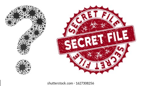 Coronavirus mosaic question icon and round grunge stamp seal with Secret File caption. Mosaic vector is formed with question pictogram and with random bacteria items.