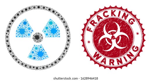 Coronavirus mosaic radioactive icon and rounded distressed stamp watermark with Fracking Warning phrase. Mosaic vector is formed with radioactive icon and with scattered microbe cell symbols.
