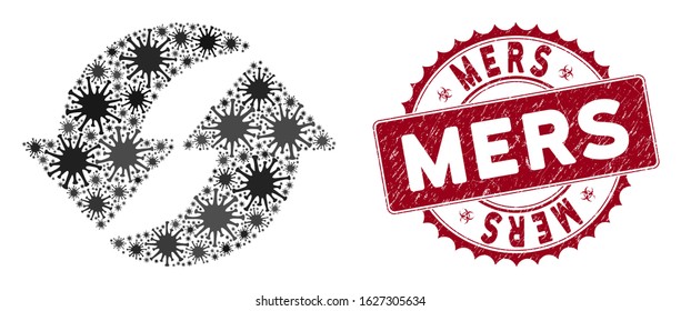 Coronavirus mosaic refresh icon and round grunge stamp watermark with Mers phrase. Mosaic vector is composed from refresh icon and with scattered epidemic objects. Mers stamp uses biohazard style,
