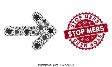 Coronavirus mosaic right arrow icon and rounded grunge stamp seal with Stop Mers text. Mosaic vector is created from right arrow icon and with randomized sars symbols.